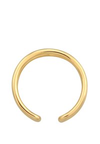Guldtonet armring, glat overflade, åben design med afrundede kanter og en kontinuerlig cirkulær form. Ingen synlige udsmykninger eller mønstre.