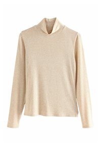 Beige langærmet turtleneck top med en blød tekstur, afslappet pasform og et subtilt ribbet mønster. Ideel til lag-på-lag i køligere vejr.