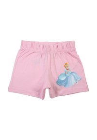 Shorts roses pour enfants avec une taille élastique, présentant un motif d'une princesse en robe bleue sur la jambe droite.