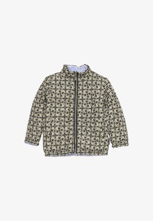 Giubbotto trapuntato con colletto alto, caratterizzato da un motivo geometrico in nero e crema, chiusura frontale con zip e polsini e orlo elasticizzati.