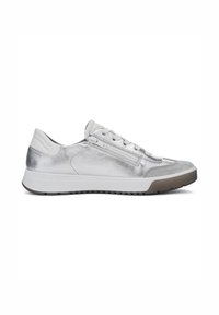 Low-top silver sneaker with white sole, lace-up front, side zipper, and dark rubber outsole.
