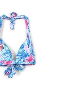 Top bikini a fantasia floreale blu, con design a laccetto sul retro, coppe a triangolo e vivaci accenti in rosa e verde.