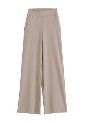 Beige bukser med vide ben, høj talje og sidelommer med lynlås, lavet af glat, let stof.