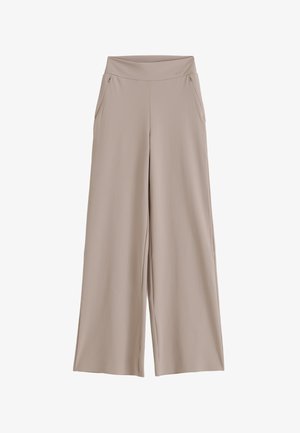 Beige bukser med vide ben, høj talje og sidelommer med lynlås, lavet af glat, let stof.