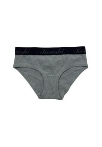 Sive bombažna majica z črnim elastičnim pasom, ki nosi logo "Koröshi". Gladka tekstura, večpanelna zasnova tkanine in standardna kroja.