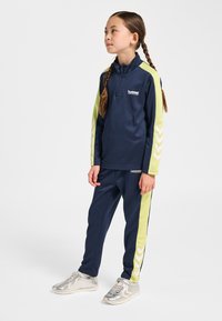 Marinblå atletisk träningsdräkt med en topp i kvart-zipp med ljusgröna accenter och chevron-mönster på ärmar och byxor. Silverfärgade sneakers.