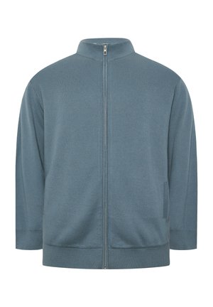 Jersey azul claro con cremallera, cuello alto y mangas largas, con puños y bajo acanalados y bolsillos laterales.