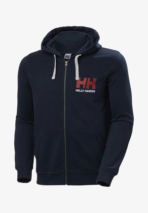 Námořnická zipová mikina s šedým stahovací šňůrkou, předními kapsami a červeno-bílým logem "Helly Hansen" na levé části hrudi. Měkký materiál.