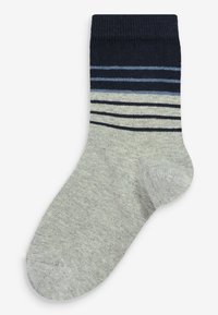 Calzino di cotone grigio con righe blu navy nella parte superiore. Presenta righe orizzontali di larghezze variabili e un tallone rinforzato. Texture morbida.