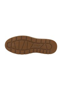 Semelle de chaussure en caoutchouc de couleur marron avec un motif texturé et des rainures pour l'adhérence. Comprend un logo surélevé et des sections distinctes pour la flexibilité.