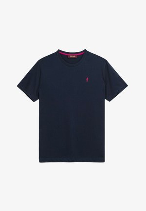 T-shirt in cotone blu navy con collo rotondo, maniche corte e un piccolo logo rosa sul lato sinistro del petto. Texture morbida, design casual.
