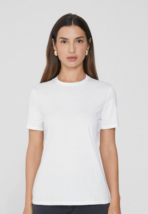 Weißes Kurzarm-T-Shirt mit Rundhalsausschnitt, aus weichem Baumwollstoff, mit figurbetontem Schnitt und minimalistischem Design.