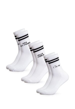 Four pairs of white crew socks with black stripes, each pair featuring tech-themed text: "404 NOT FOUND," "HELLO WORLD," and a math equation.