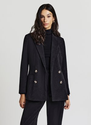 Schwarzer Cord-Blazer mit taillierter Passform, doppelter Button-Front, großen goldenen Knöpfen und geschlitzten Revers. Texturiertes, weiches Material.