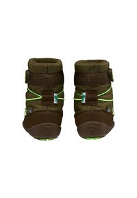 Bruine hondenlaarzen met groene accenten beschikken over elastische veters, een gevoerde boord en rubberen zolen voor grip. Versterkte stiksels zorgen voor duurzaamheid.