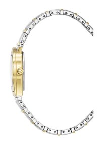 Sidabrinės ir auksinės spalvos nerūdijančio plieno laikrodis su apvaliu korpusu, lygiu auksiniu rėmeliu ir sujungta apyranke su juodais akcentais.