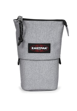 Gray fabric pouch with textured finish, topped with a black zipper, featuring a prominent black Eastpak logo patch on the front.