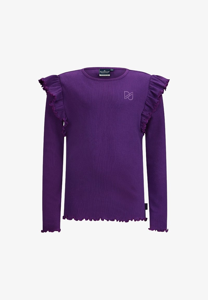 Haut violet à manches longues en tissu côtelé, avec des détails froncés aux épaules et à l'ourlet, arborant un petit logo sur le côté supérieur gauche de la poitrine.