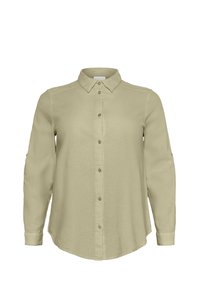 Licht olijfgroen button-up shirt gemaakt van textuurstof, met een kraag, lange mouwen en een afgeronde zoom met knopen aan de voorkant.