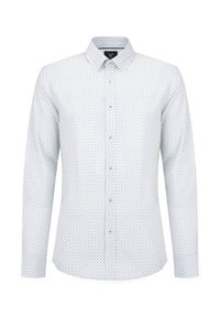 Koszula z długim rękawem, zapinana na guziki w jasnoniebieskim kolorze na białym tle, z małym geometrycznym wzorem i kołnierzykiem.