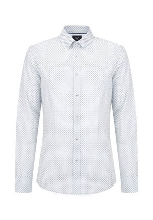 Koszula z długim rękawem, zapinana na guziki w jasnoniebieskim kolorze na białym tle, z małym geometrycznym wzorem i kołnierzykiem.