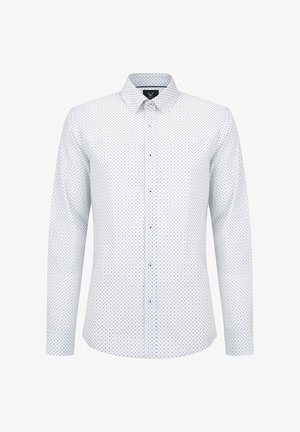 Koszula z długim rękawem, zapinana na guziki w jasnoniebieskim kolorze na białym tle, z małym geometrycznym wzorem i kołnierzykiem.