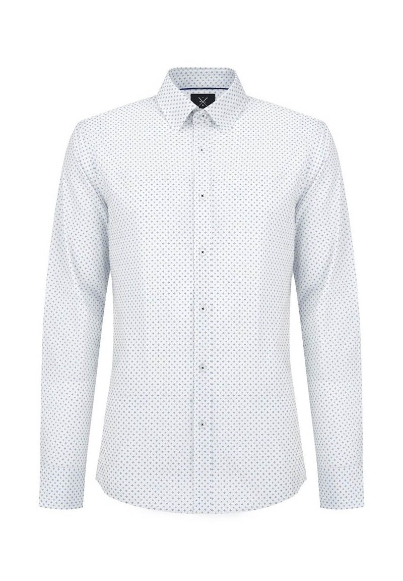 Koszula z długim rękawem, zapinana na guziki w jasnoniebieskim kolorze na białym tle, z małym geometrycznym wzorem i kołnierzykiem.