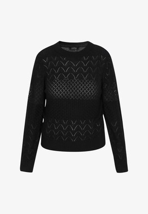 Czarny sweter dzianinowy z długimi rękawami, z mieszanką ażurowych i teksturowanych wzorów. Okrągły dekolt, miękki materiał i krótki krój.