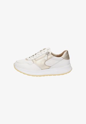 White sneakers with a mesh and leather upper, metallic accents, round toe, and thick white sole with contrasting yellow tread.