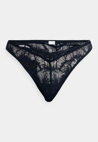 Svart spets-tanga med blommönster, med en V-formad framsida och delikat kant. Mjuk textur med minimalistisk täckning.