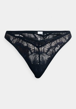 Zwarte kanten thong met bloemenpatroon, met een V-vormige voorkant en delicate afwerking. Zachte textuur met een minimalistische dekking.