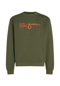 Sudadera verde oliva de algodón, con texto en contraste naranja "KARL LAGERFELD JEANS" y un gráfico circular. Diseño clásico de cuello redondo.