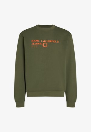 Tamsiai žalia medvilninė džemperis su kontrastiniu oranžiniu tekstu "KARL LAGERFELD JEANS" ir apvaliu grafiniu elementu. Klasikinio apvalaus kaklo dizainas.