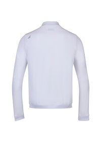 Hvid langærmet jakke med krave, lavet af letvægtsstof. Har ribbede manchetter og et diskret logo nær den øverste ryg.