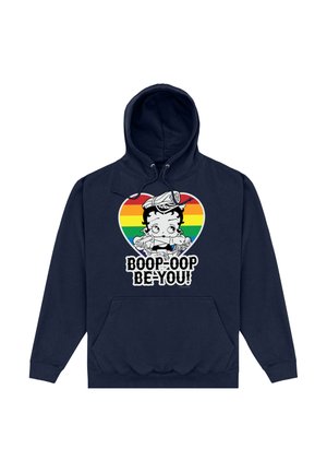 Marineblaue Kapuze mit einer vorderen Tasche, die eine Grafik eines Cartoon-Charakters über dem Text "BOOP-OOP BE-YOU!" und einem Hintergrund mit einem Regenbogenherz zeigt.