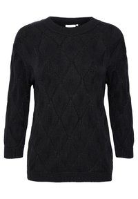 Schwarzer gestrickter Pullover mit einem Rautenmuster, runden Halsausschnitt und Dreiviertelärmeln. Gerippte Bündchen und Saum, mittelschwere Stoffqualität.