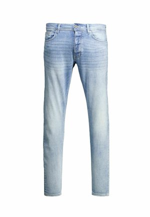 Hellblaue Denim-Jeans im Slim-Fit-Design mit geradem Bein, versehen mit subtilen Waschungen und traditionellem Fünf-Taschen-Stil sowie einem frontalen Knopfverschluss.