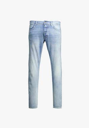 Jeans in denim azzurro chiaro, design slim fit, gamba dritta, caratterizzati da leggeri effetti di whiskering e tradizionale stile a cinque tasche con chiusura a bottone frontale.