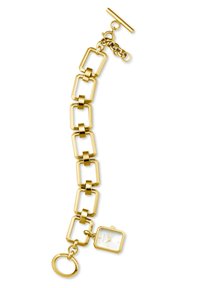 Gouden armband met rechthoekige schakels, een klein wijzerplaatje en een ronde hanger. Gladde, glanzende afwerking met een togglesluiting.