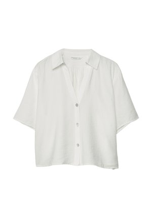 Camicia bianca a maniche corte con bottoni, colletto, vestibilità ampia e tre bottoni visibili sul davanti.
