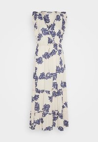 Robe midi blanche sans manches avec motif de feuilles bleues, col en V, détails à volants aux épaules et ceinture à nouer à la taille.