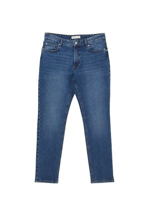 Jeans in denim blu con vita media, design a cinque tasche e gamba dritta, caratterizzati da una leggera scoloritura sulla parte anteriore e posteriore.
