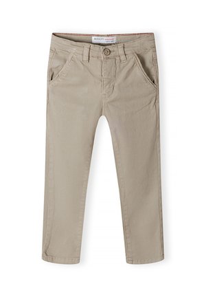 Beige chinos til småbørn med knap- og lynlåslukning, forlommer, bæltestropper og Minoti-mærke på indersiden af linningen.
