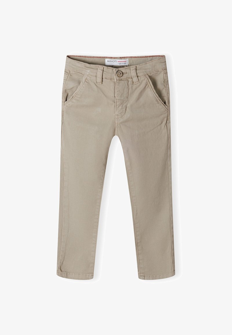 Pantalon chino beige pour tout-petit avec fermeture à bouton et fermeture éclair, poches avant, passants de ceinture et étiquette Minoti à l'intérieur de la ceinture.
