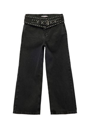 Jean en denim noir à pattes larges, ornés d'une ceinture cloutée, taille haute et texture robuste. Le design comprend un devant plat et des poignets ourlés.