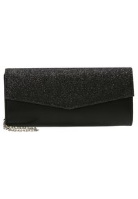 Svart clutchplånbok med en glittrig svart klaff. Har en elegant rektangulär form och ett silverfärgat kedjestropp. Slät textur med en blank finish.