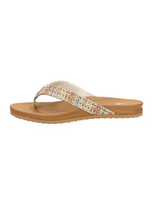 Sandale flip-flop à semelle beige avec des brides tissées texturées en beige, bleu et rouille, conçue pour un usage décontracté.