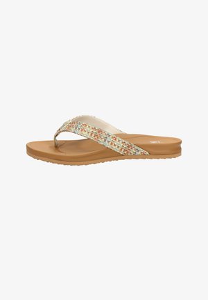 Hellbraune Flip-Flop-Sandale mit strukturierten, gewebten Riemen in Beige, Blau und Rostfarben, entworfen für den Freizeitgebrauch.