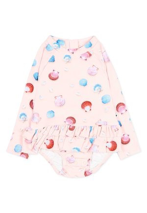 Różowy strój kąpielowy dla niemowląt z długim rękawem z wzorami niebieskich, czerwonych i fioletowych muszelek oraz detalem falbany na spódniczce.