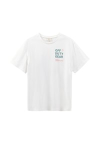 Vit lättviktsbomulls T-shirt med korta ärmar och rund halsringning. Har grön och rosa text som står "OFF DUTY GEAR" på framsidan.